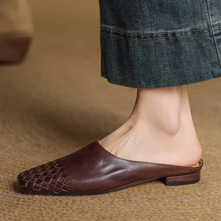 Aria | Women's Leather Mules Square Toe Woven Slip-On Flats