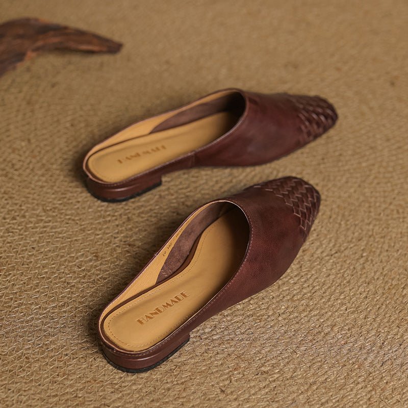 Aria | Women's Leather Mules Square Toe Woven Slip-On Flats
