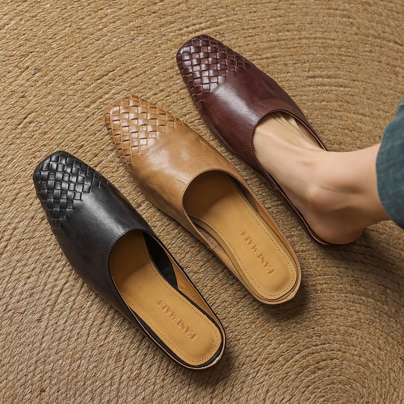 Aria | Women's Leather Mules Square Toe Woven Slip-On Flats