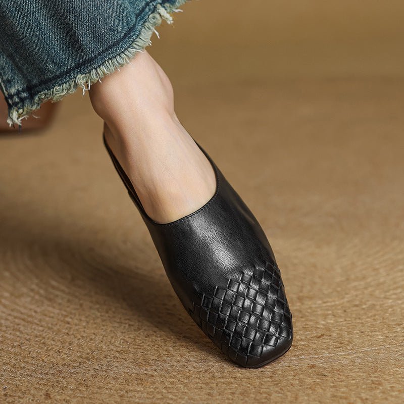 Aria | Women's Leather Mules Square Toe Woven Slip-On Flats