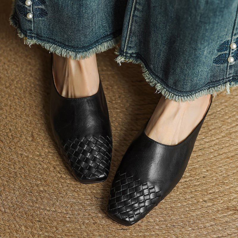 Aria | Women's Leather Mules Square Toe Woven Slip-On Flats