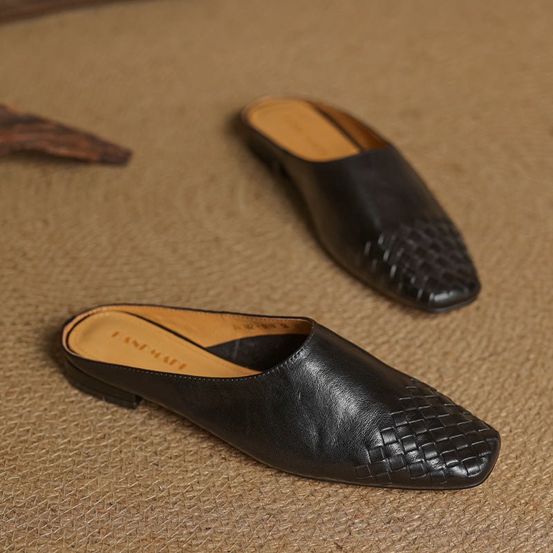 Aria | Women's Leather Mules Square Toe Woven Slip-On Flats