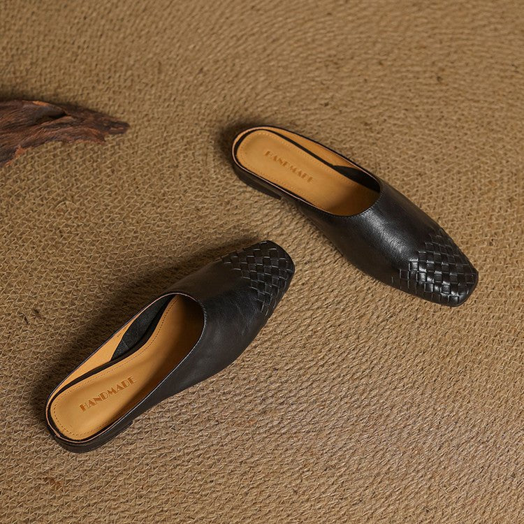 Aria | Women's Leather Mules Square Toe Woven Slip-On Flats