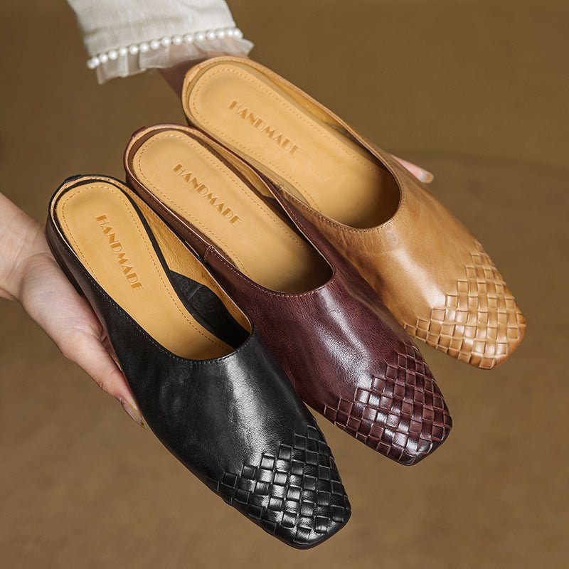 Aria | Women's Leather Mules Square Toe Woven Slip-On Flats