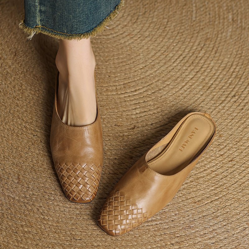 Aria | Women's Leather Mules Square Toe Woven Slip-On Flats
