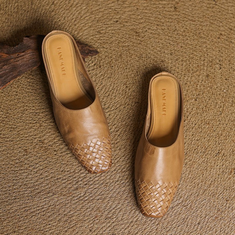 Aria | Women's Leather Mules Square Toe Woven Slip-On Flats