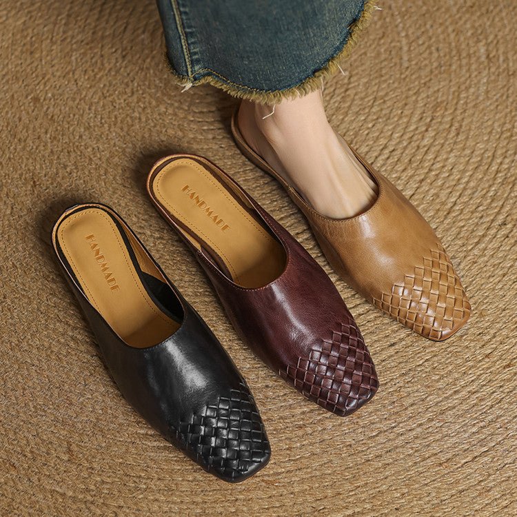 Aria | Women's Leather Mules Square Toe Woven Slip-On Flats