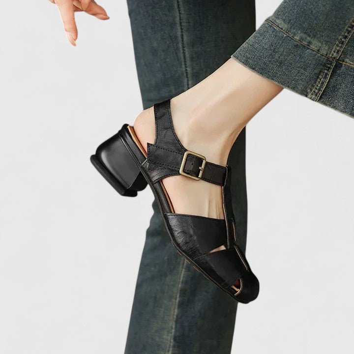 Layla | Women's Leather Sandals Square Toe Block Heel Strappy