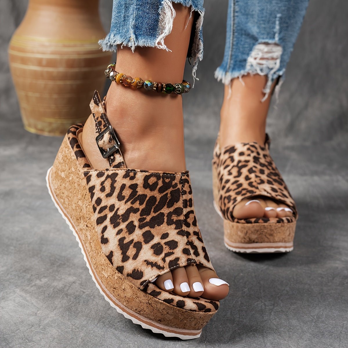 Amelia | Women's Leopard Print Platform Wedge Comfortable Sandals Buckle Strap