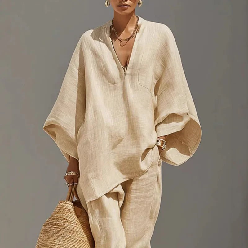 Evelyn | Women's Linen Matching Set Batwing Top Tapered Pants