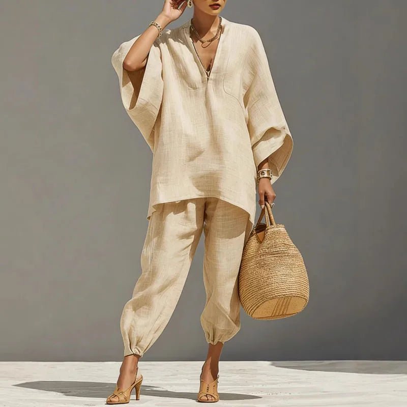 Evelyn | Women's Linen Matching Set Batwing Top Tapered Pants
