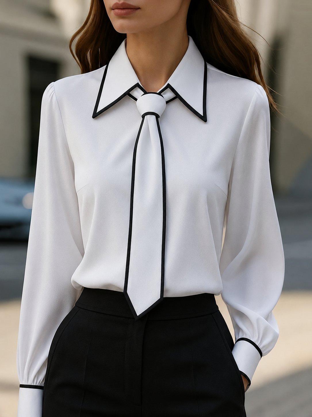 Victoria | Women's Long Sleeve Contrast Trim Tie Neck Button-Down Blouse