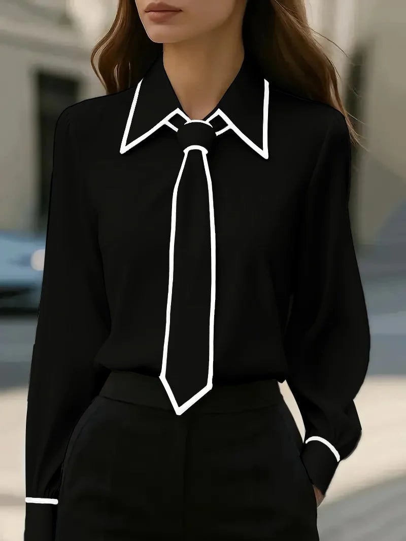 Victoria | Women's Long Sleeve Contrast Trim Tie Neck Button-Down Blouse