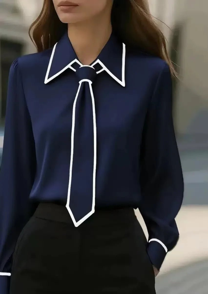 Victoria | Women's Long Sleeve Contrast Trim Tie Neck Button-Down Blouse