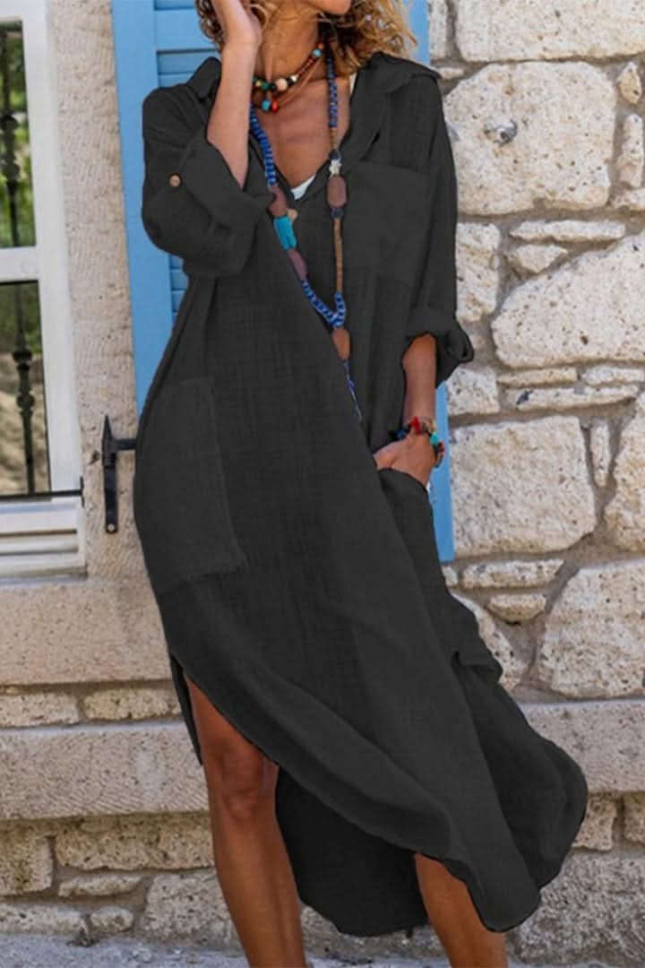 Evelyn | Women's Oversized Linen Midi Evening Gown Shirt Dress