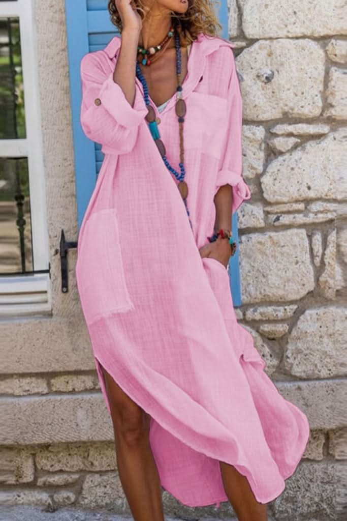 Evelyn | Women's Oversized Linen Midi Evening Gown Shirt Dress