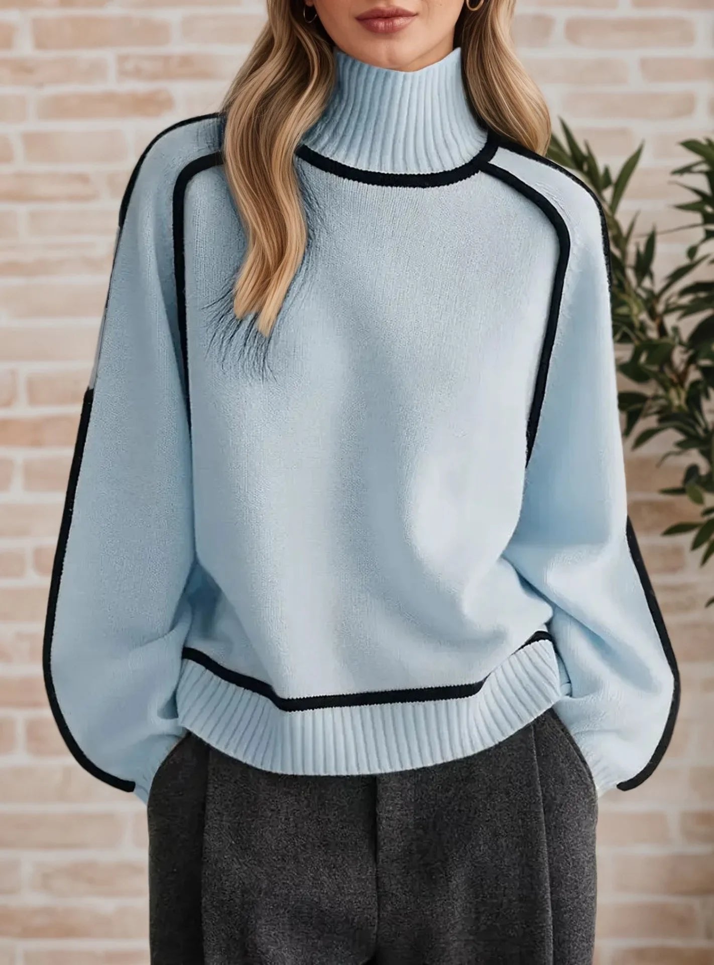 Camila | Women's Oversized Turtleneck Colorblock Knit Sweater