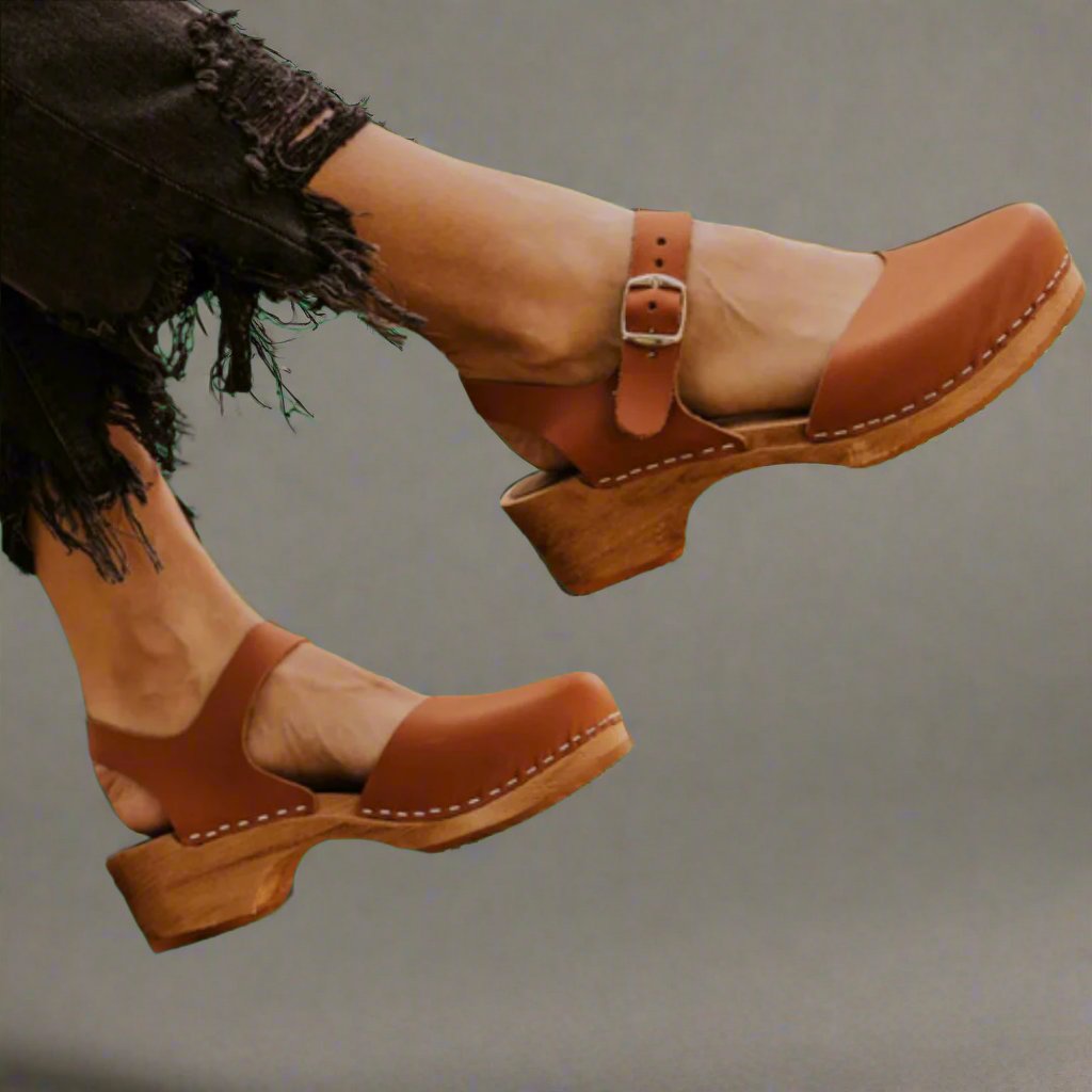 Grace | Women's Platform Clogs Wooden Heel Closed Toe Ankle Strap