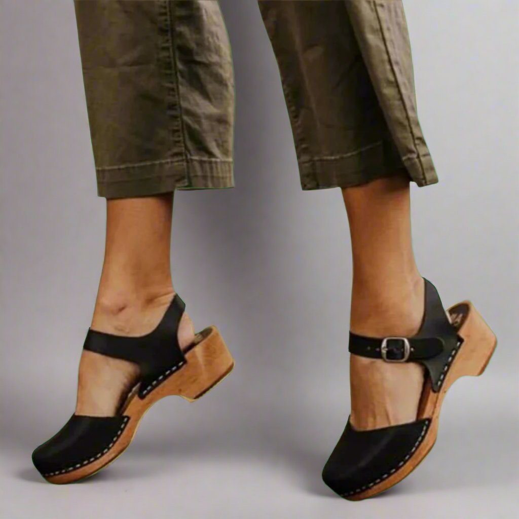 Grace | Women's Platform Clogs Wooden Heel Closed Toe Ankle Strap