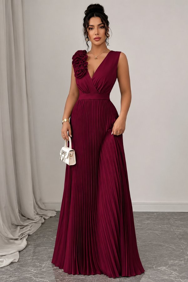 Charlotte | Women's Pleated Sleeveless Floral Applique Evening Gown