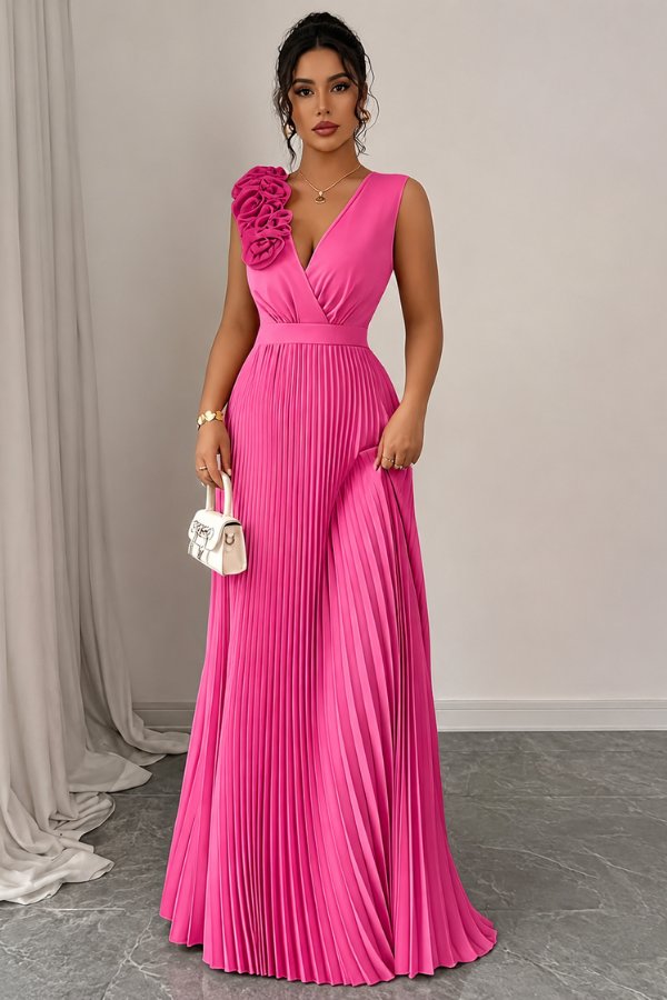 Charlotte | Women's Pleated Sleeveless Floral Applique Evening Gown