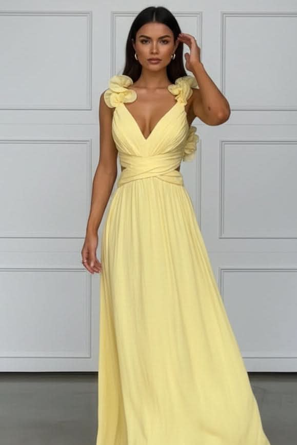 Charlotte | Women's Pleated Sleeveless Floral Applique Evening Gown
