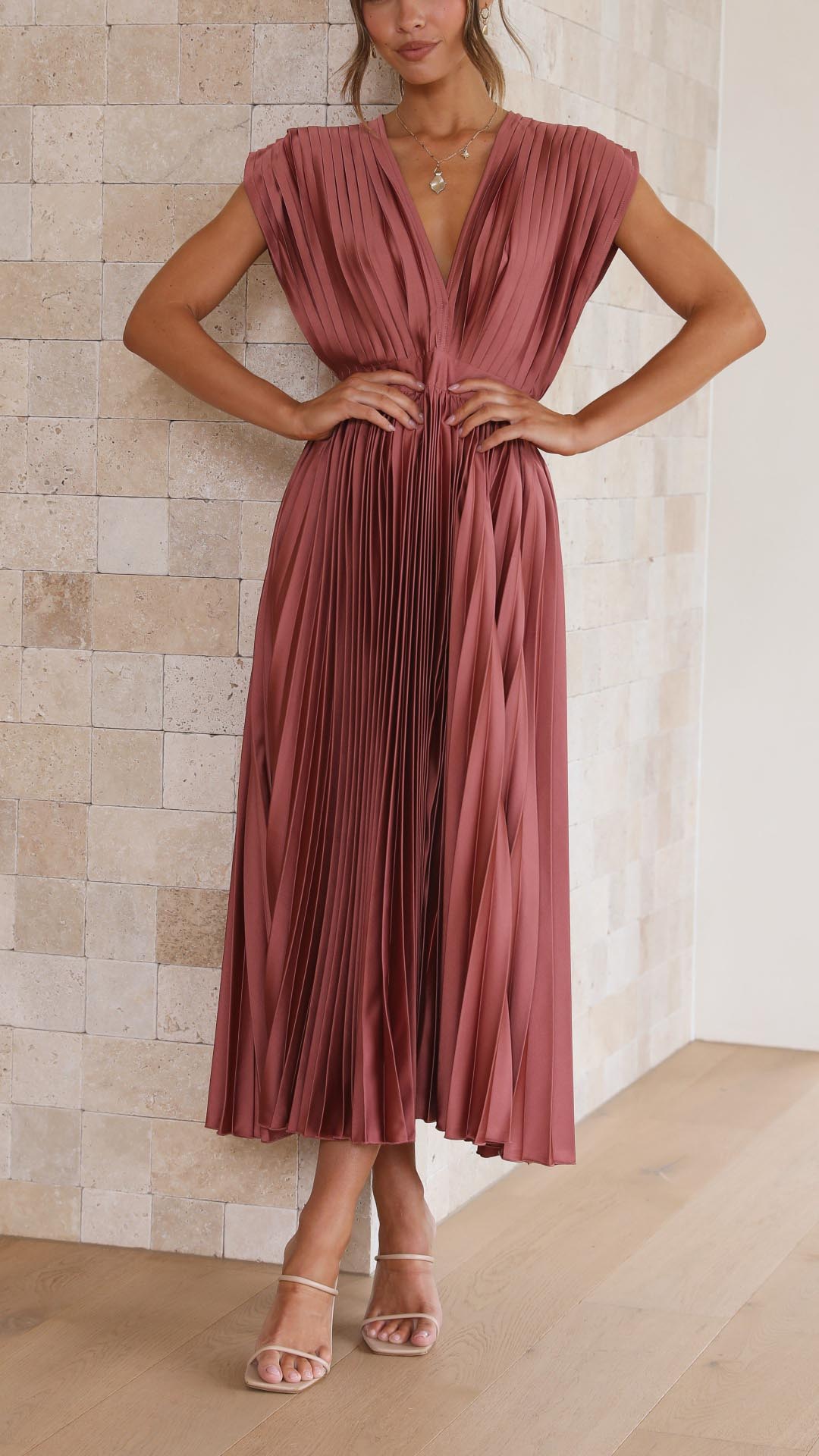 Kaitlyn | Women's Pleated V Neck Midi Wedding Guest Dress