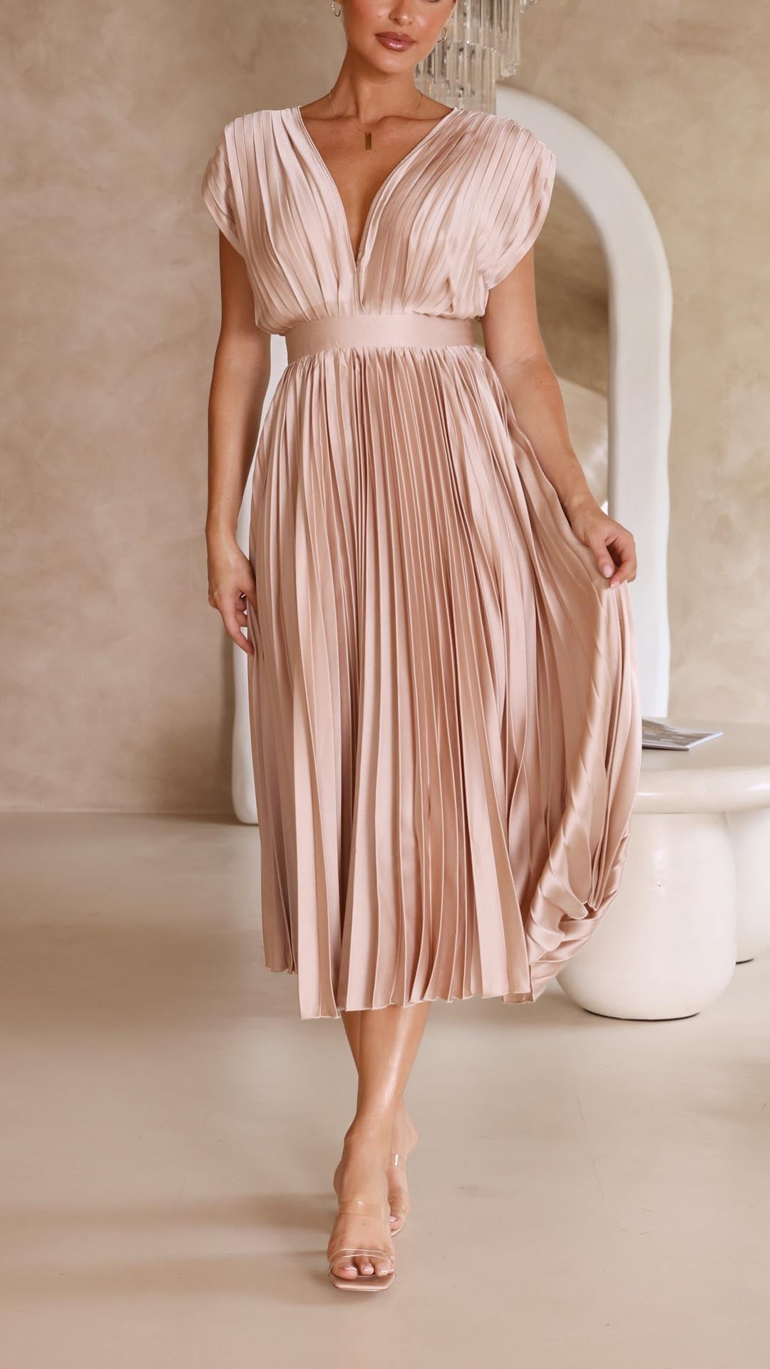 Kaitlyn | Women's Pleated V Neck Midi Wedding Guest Dress