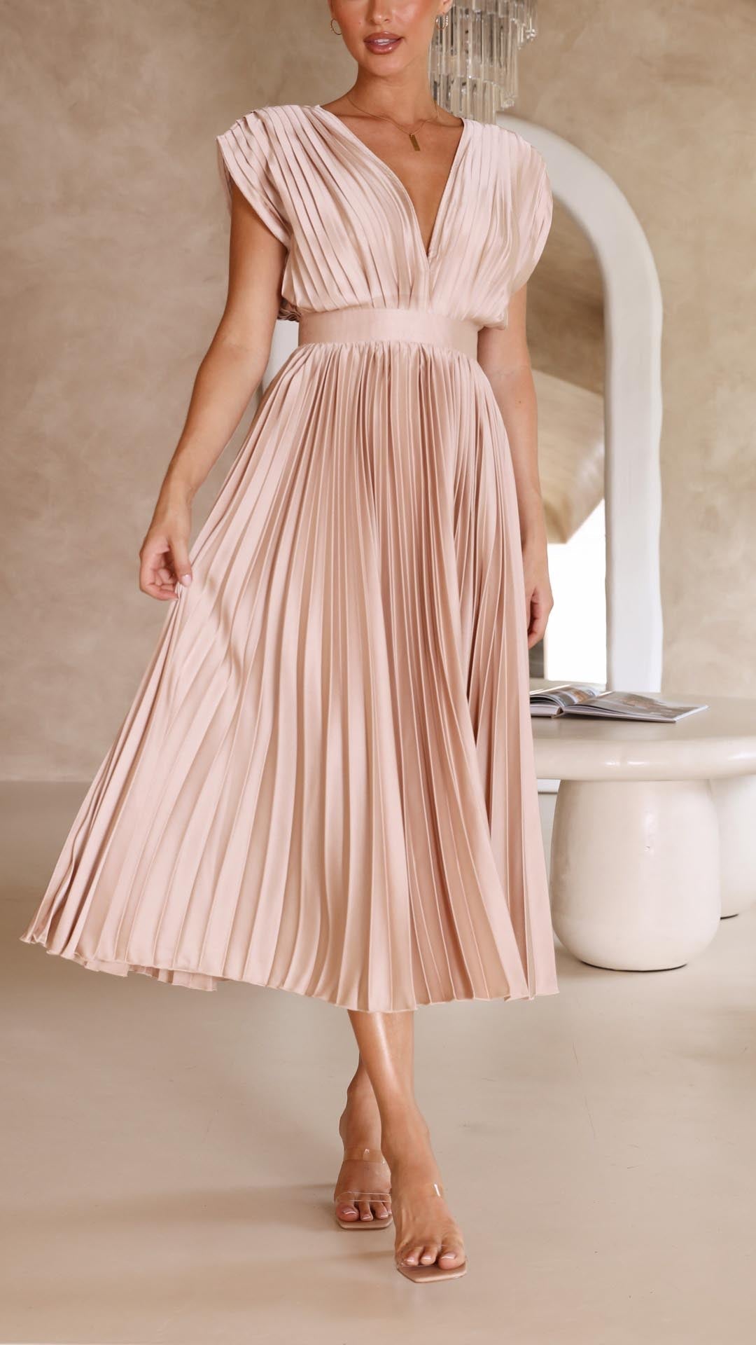 Kaitlyn | Women's Pleated V Neck Midi Wedding Guest Dress