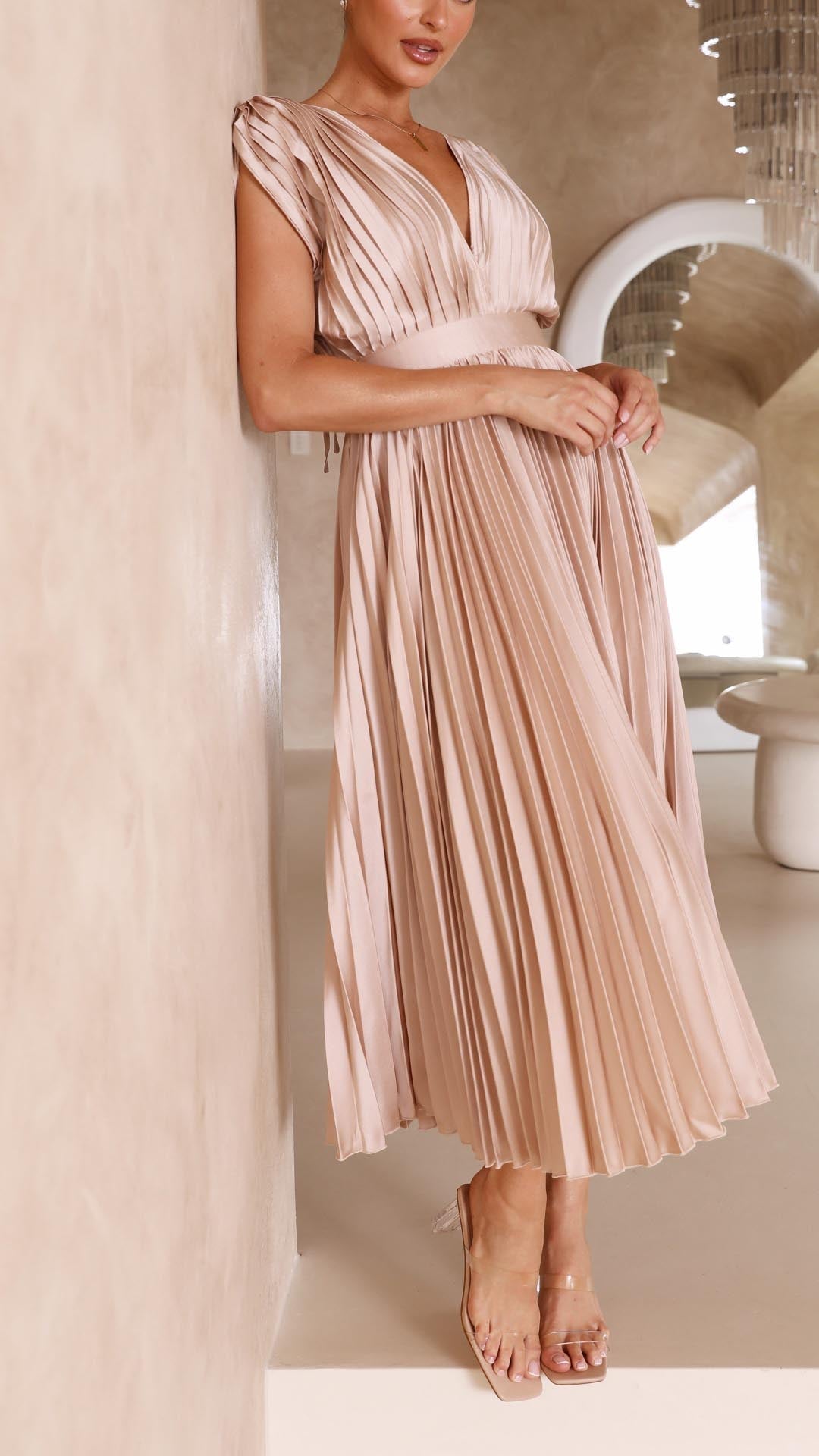 Kaitlyn | Women's Pleated V Neck Midi Wedding Guest Dress