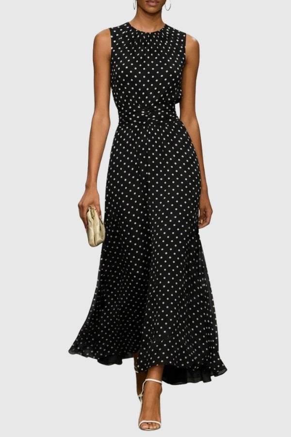 Grace | Women's Polka Dot Sleeveless Ruffle Hem Maxi Evening Gown
