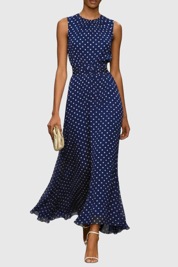 Grace | Women's Polka Dot Sleeveless Ruffle Hem Maxi Evening Gown