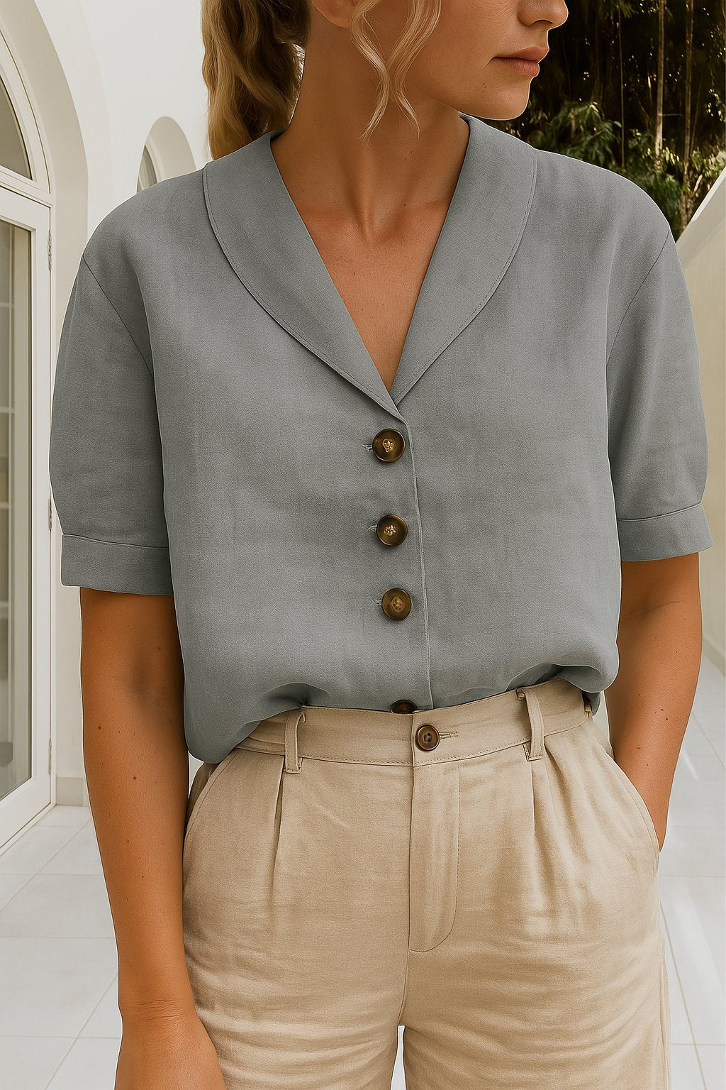 Charlotte | Women's Relaxed-Fit Button-Front Short-Sleeve Collared Blouse
