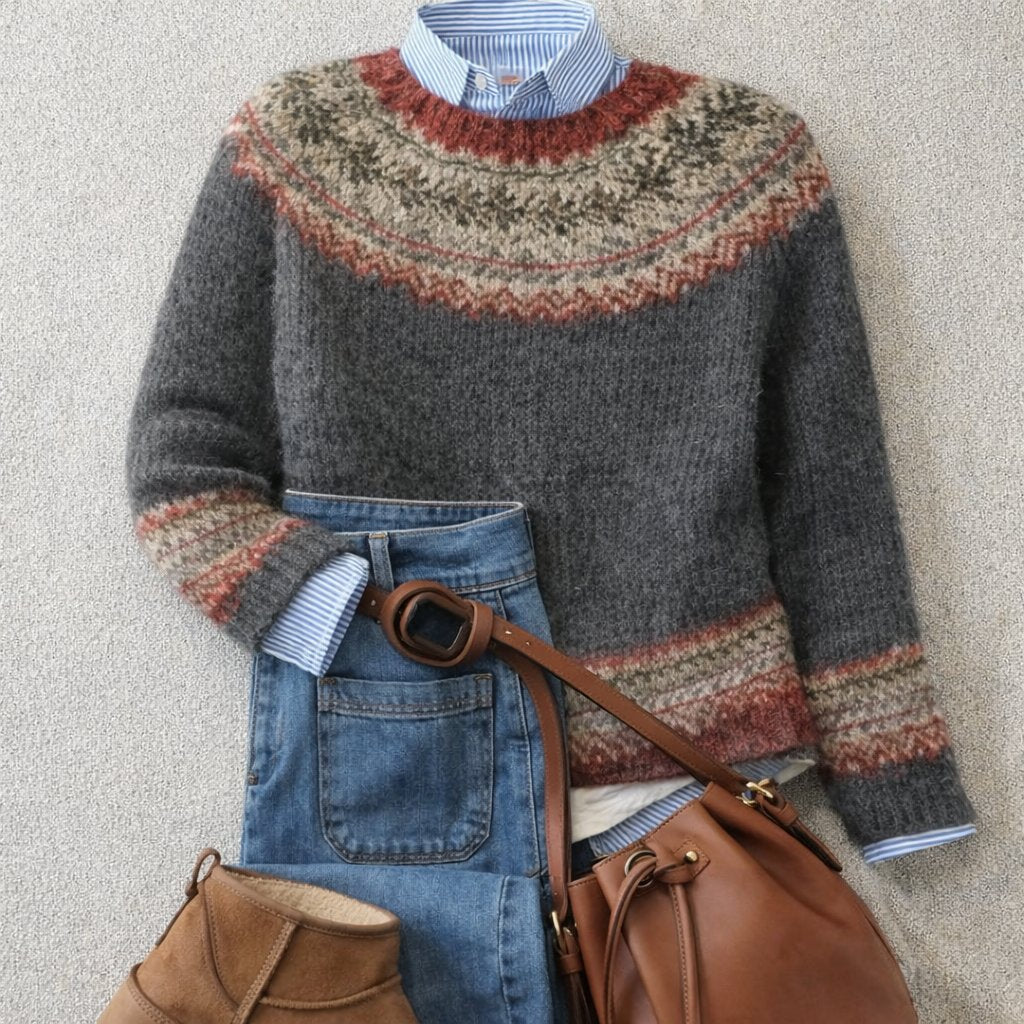 Eleanor | Women's Relaxed-Fit Fair Isle Nordic Knit Crewneck Sweater