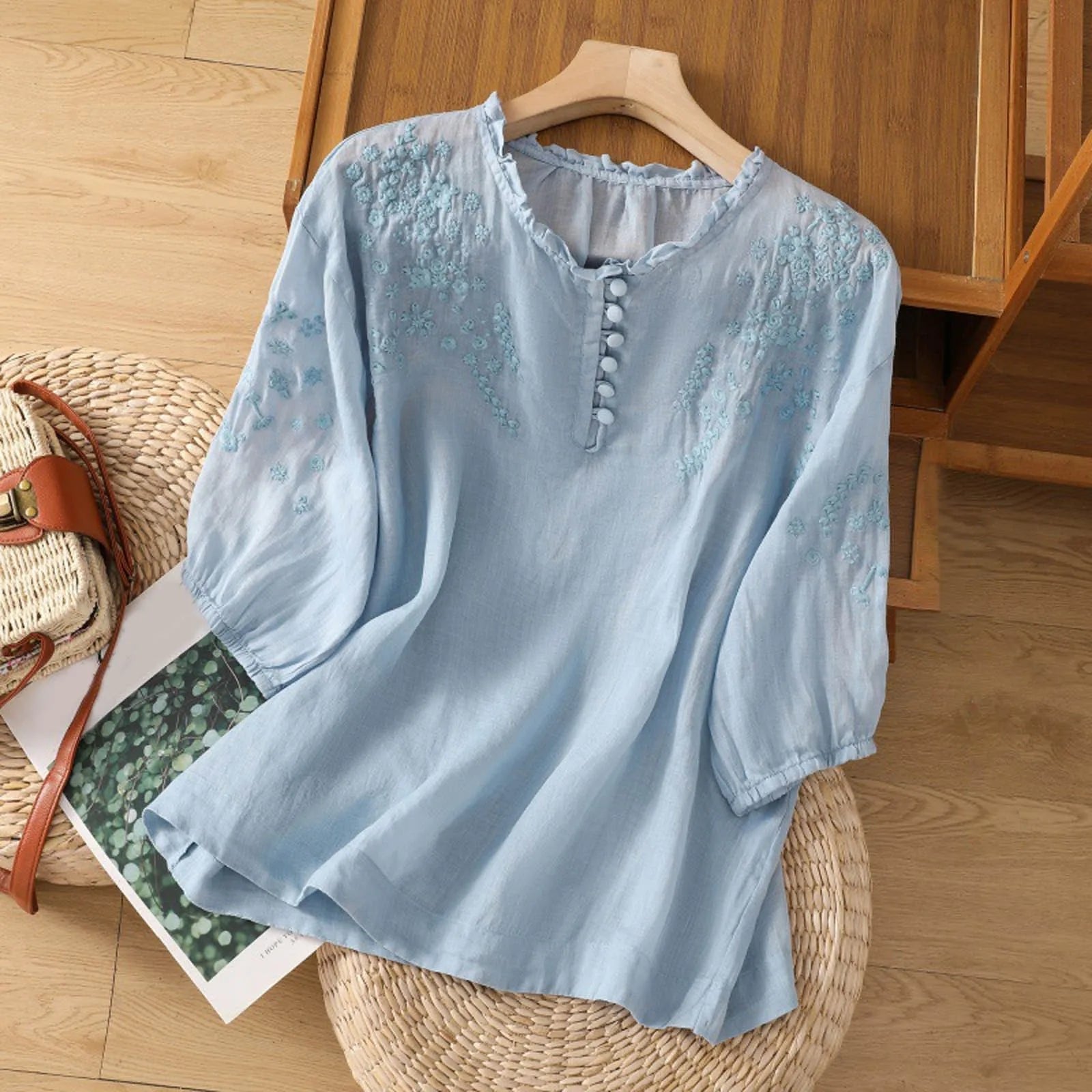 Aria | Women's Relaxed-Fit Floral Embroidered Ruffle-Neck Puff-Sleeve Blouse