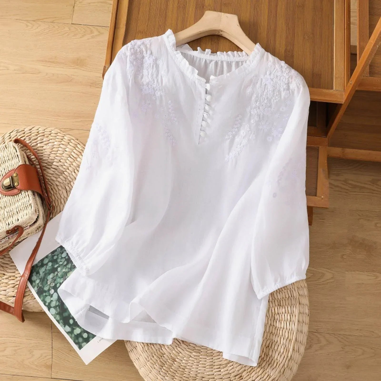 Aria | Women's Relaxed-Fit Floral Embroidered Ruffle-Neck Puff-Sleeve Blouse