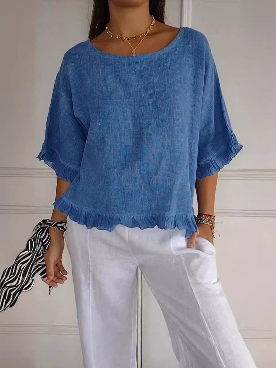 Scarlett | Women's Relaxed-Fit Frayed-Hem Linen-Look Short-Sleeve Blouse