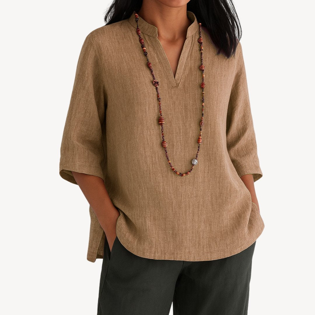 Victoria | Women's Relaxed-Fit Linen 3/4 Sleeve V-Neck Tunic Blouse