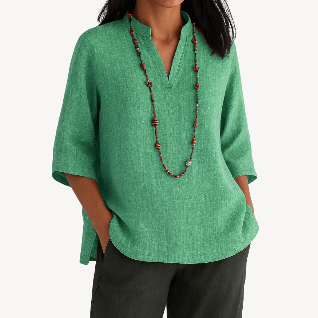 Victoria | Women's Relaxed-Fit Linen 3/4 Sleeve V-Neck Tunic Blouse