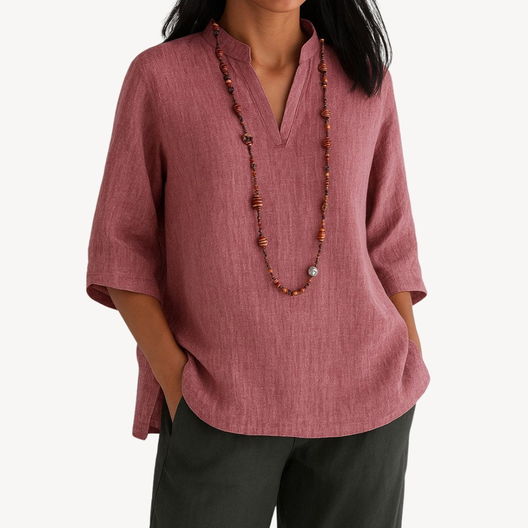 Victoria | Women's Relaxed-Fit Linen 3/4 Sleeve V-Neck Tunic Blouse