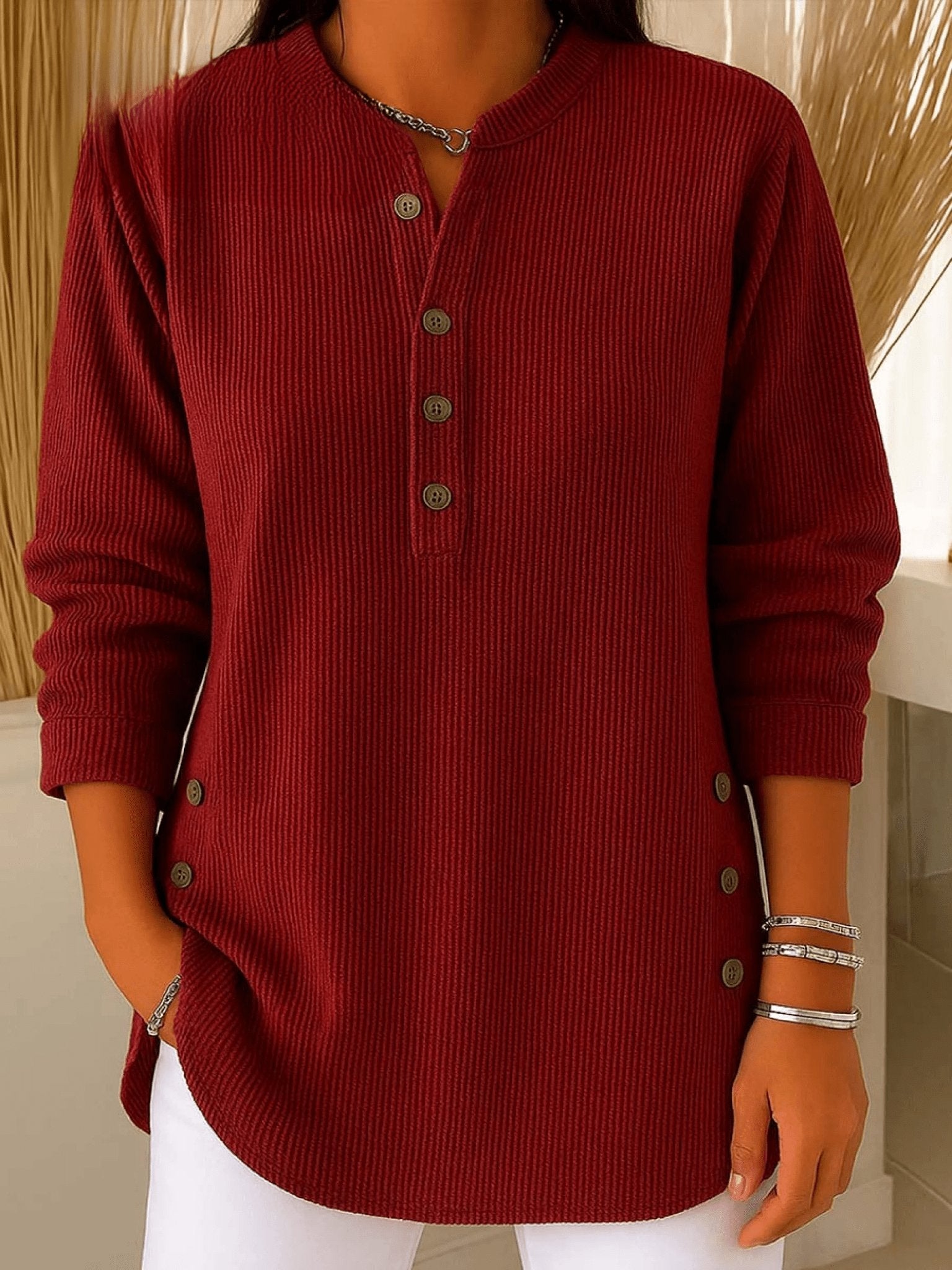 Camila | Women's Relaxed-Fit Longline Henley Ribbed Tunic Top