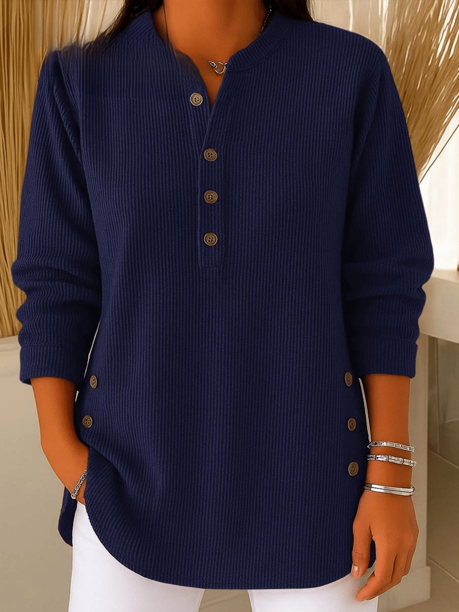 Camila | Women's Relaxed-Fit Longline Henley Ribbed Tunic Top