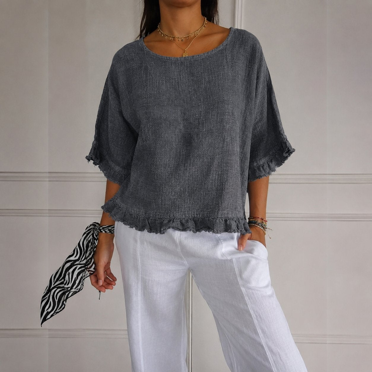 Aria | Women's Relaxed-Fit Ruffle-Hem Linen Blouse