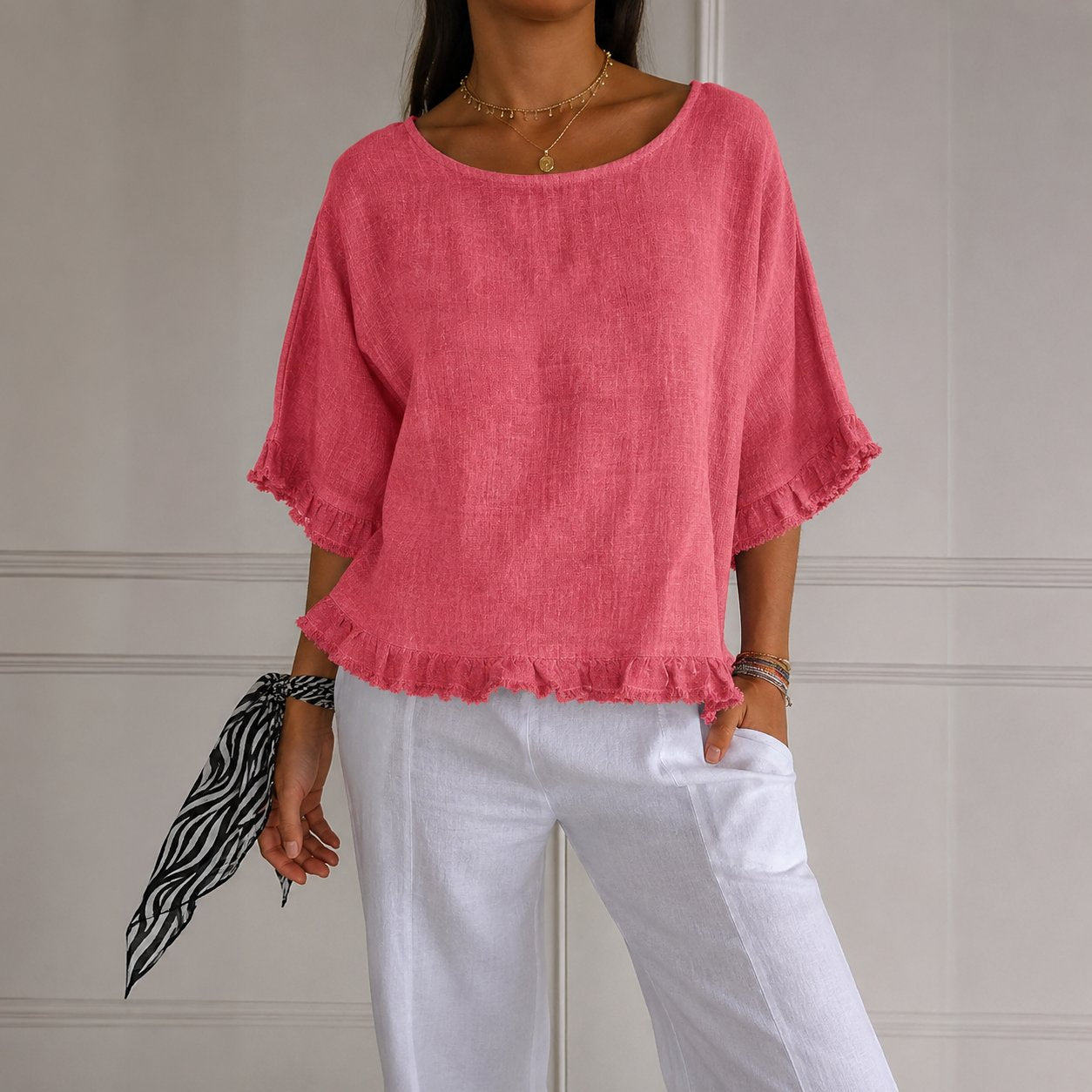 Aria | Women's Relaxed-Fit Ruffle-Hem Linen Blouse