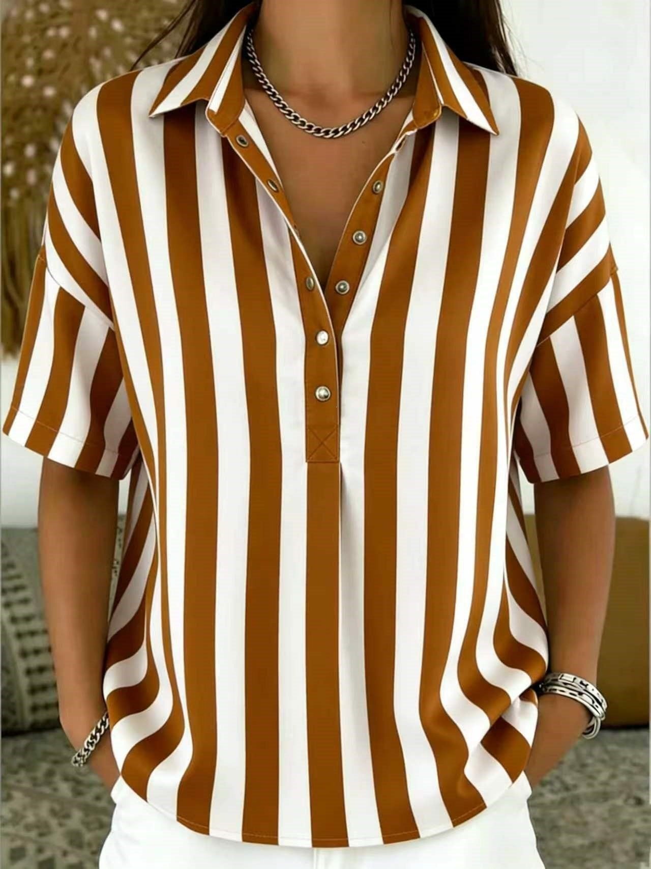 Penelope | Women's Relaxed-Fit Striped Collared Half-Button Blouse