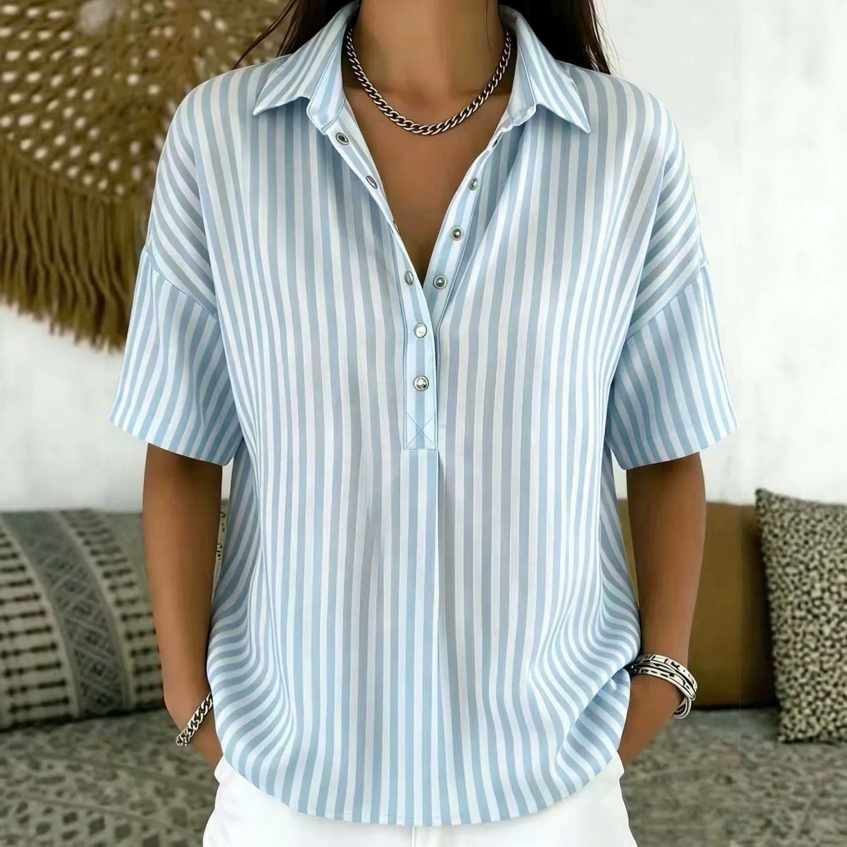 Penelope | Women's Relaxed-Fit Striped Collared Half-Button Blouse