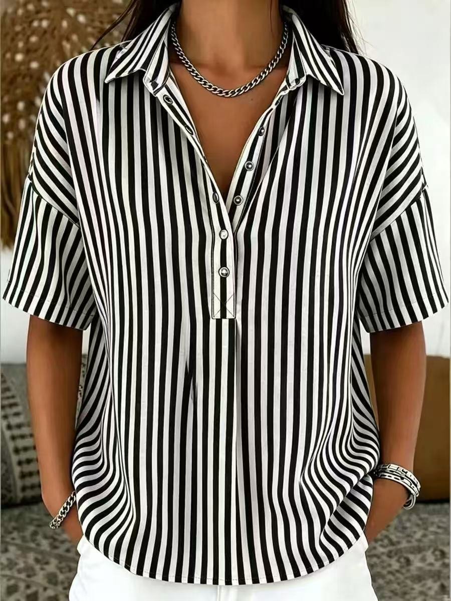 Penelope | Women's Relaxed-Fit Striped Collared Half-Button Blouse