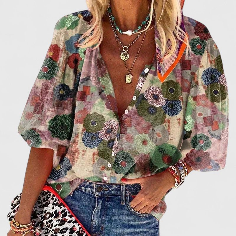 Grace | Women's Relaxed-Fit V-Neck Floral Print Button-Down Blouse