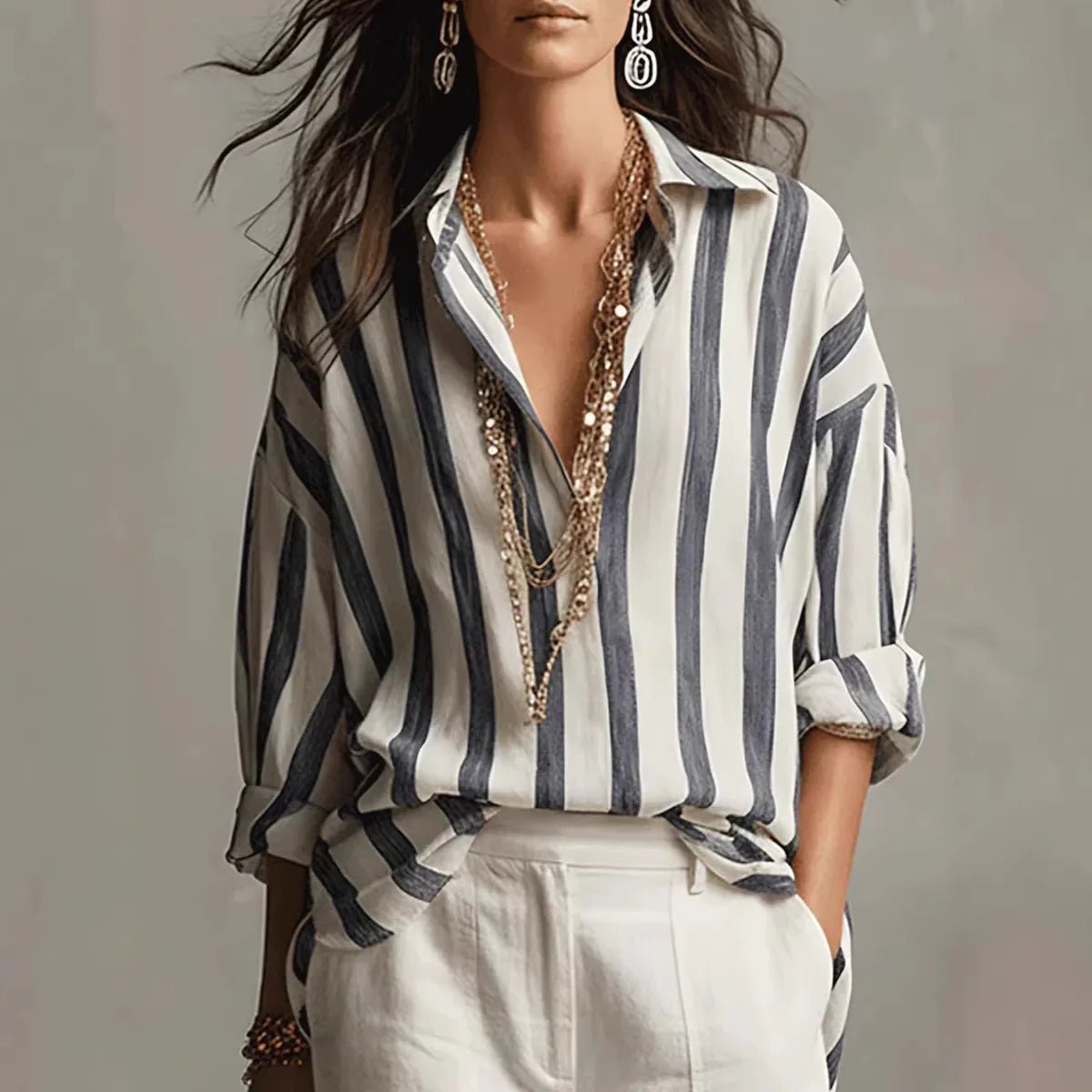 Harper | Women's Relaxed-Fit Vertical Striped Open-Collar Long Sleeve Blouse