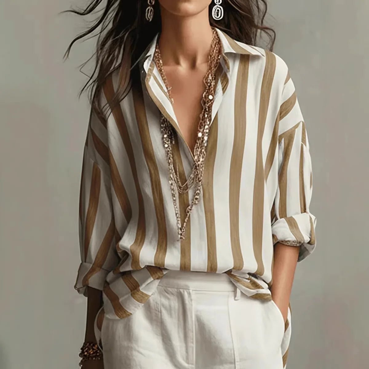 Harper | Women's Relaxed-Fit Vertical Striped Open-Collar Long Sleeve Blouse